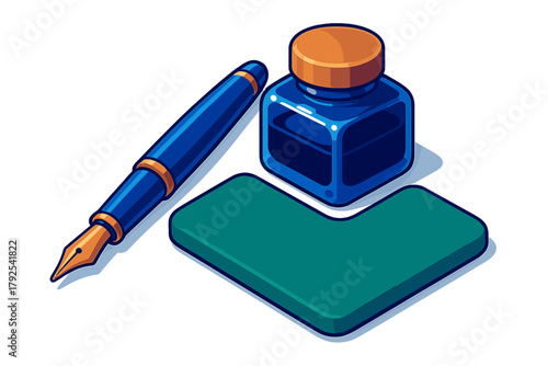 Classic fountain pen and blue ink bottle set in isometric view on a white background