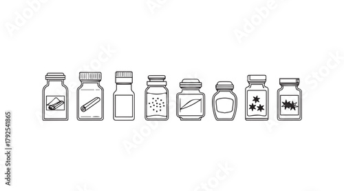 Collection of small glass bottles with various contents in a simple line drawing silhouette