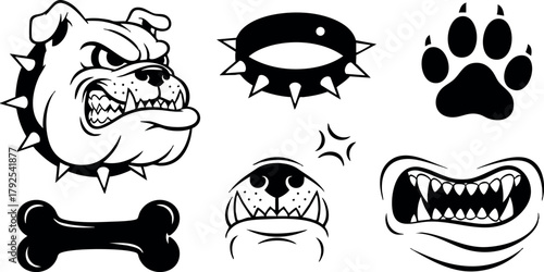 Aggressive bulldog head with spiked collar and fierce dog paw print vector icons set