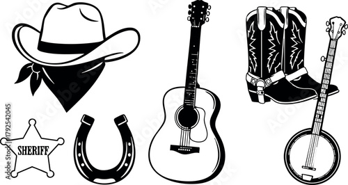 Western cowboy accessories collection featuring hat bandana sheriff badge horseshoe guitar boots and banjo vector illustration