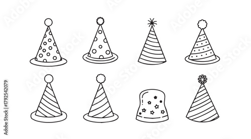 Collection of hand drawn party hats silhouette for celebrations and birthdays