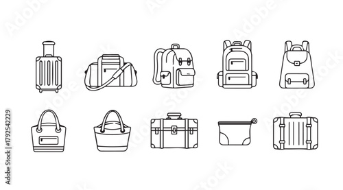 Collection of various travel bags and luggage in a simple line art silhouette style