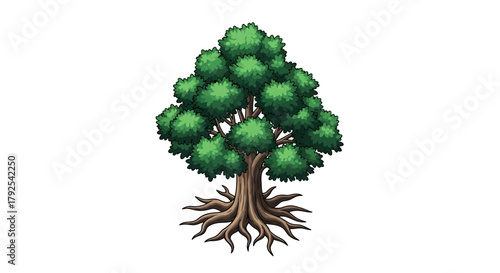 Illustration of a Mature Tree with Dense Foliage and Exposed Roots System