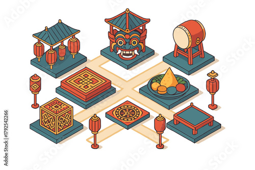 Isometric icons representing traditional Asian culture and religious symbols