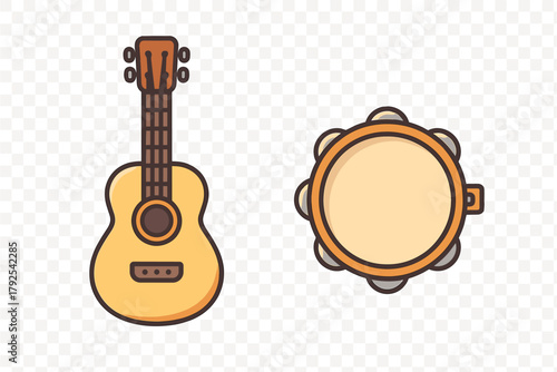 Set of musical instruments featuring a small acoustic guitar and a handheld percussion drum