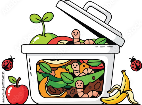 Pixel Art Compost Bin Filled with Organic Waste Worms and Ladybugs with Fresh Fruit and Sprout