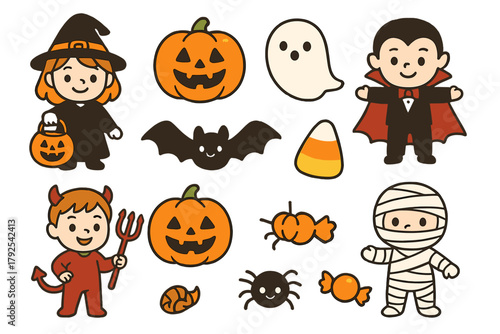 Cute Halloween characters set featuring witch, vampire, mummy, ghost, and jack-o'-lanterns icons