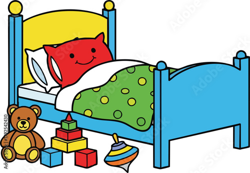 Brightly Colored Childrens Bedroom Scene With A Blue Bed And Teddy Bear Toy