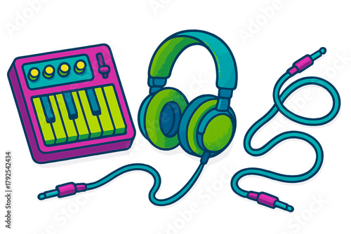 Bright neon colored mini synthesizer keyboard headphones and audio cables for music production