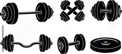 Black dumbbells and barbells set for fitness training and strength exercise equipment design vector illustration