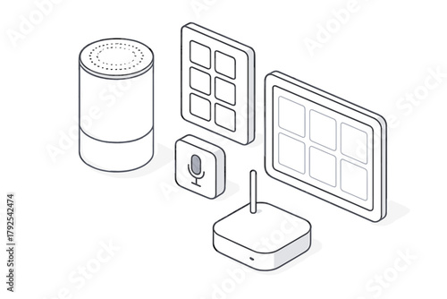 Isometric outline concept of smart home devices including voice assistant speaker and wireless network router