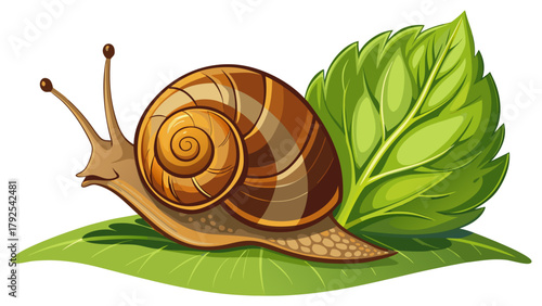 Very beautiful snail crawling on a leaf, indoor pet care and natural habitat recreation, flat vector illustration style, isolated on white background, featuring detailed shell patterns, leafy textures