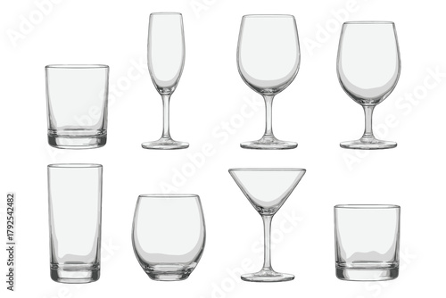 Eight empty clear glass drinkware collection including wine glasses, tumblers, and cocktail glasses