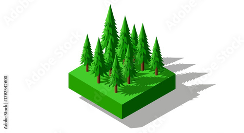 Isometric depiction of a lush green forest on a compact platform base