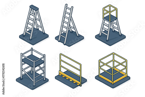 Isometric construction safety equipment including ladders, scaffolding, and protective barriers