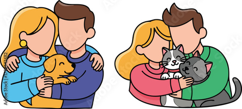 Couple Hugging Beloved Dog And Cat In Loving Embrace Pixel Art Style