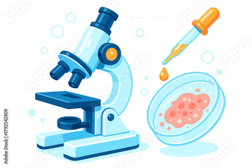 Modern microscope dropper and petri dish used for scientific laboratory analysis