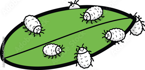 Small White Bugs Crawling On A Green Leaf With Black Outline