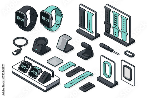 Modern wearable technology accessories collection: smartwatches, straps, charging docks