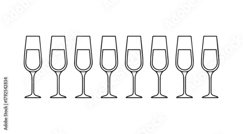 Row of empty champagne flute glasses in a clean silhouette style