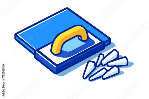 Isometric construction float tool with yellow handle and tile spacers for home repair