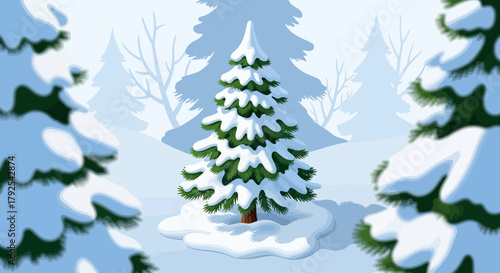 Scenic winter forest landscape with snow-covered pine trees drawing art