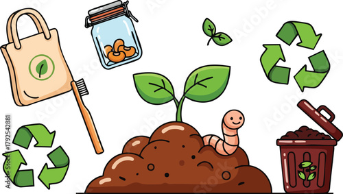 Cartoon Illustration of Recycling Symbols Earthworm Growing Plant and Reusable Bag