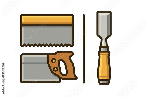 Essential carpentry hand tools set featuring various saws and a sharp wood chisel