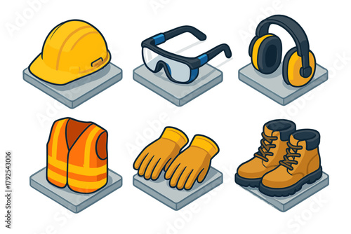 Essential Personal Protective Equipment set including hard hat safety glasses ear protection high visibility vest and work boots