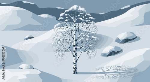 Serene winter landscape featuring a lone birch tree in a snowy vista