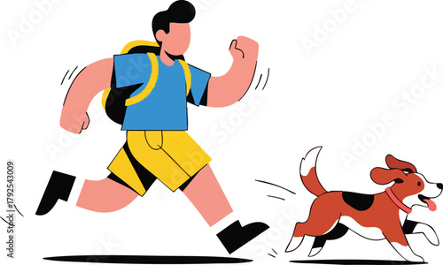 Man With Backpack Running With Dog On White Background With Simple Shapes