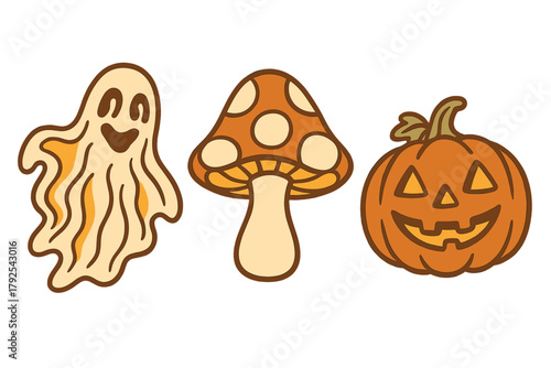 Groovy 70s style Halloween characters including ghost, spotted mushroom, and carved pumpkin