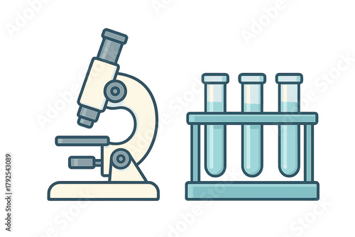 Laboratory microscope and test tubes in a rack for scientific research and chemistry experiments