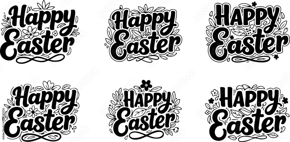 Fototapeta premium Happy Easter calligraphy text with decorative elements in black vector design for spring holiday celebration