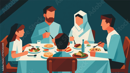 Illustration Of A Family Eating Together At The Dining Table Vector Design Template