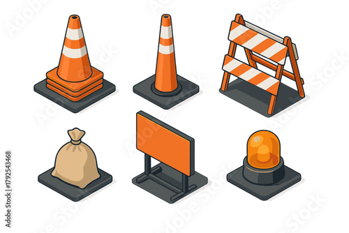 Isometric set of road construction safety equipment: traffic cones, striped barrier, warning light, sandbag