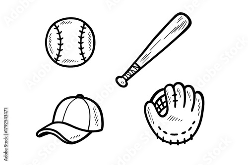 Set of baseball accessories including a ball, batting glove, wooden bat, and cap