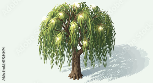 Stylized Vector Illustration of a Weeping Willow Tree with Subtle Illumination