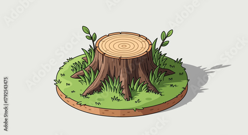 Stylized Tree Stump Isometric Illustration with Grass and New Growth