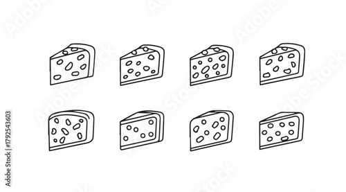 Collection of eight wedge shaped cheese slices with holes in a simple silhouette style