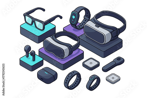 Isometric collection of wearable technology including virtual reality headsets, smart glasses, and smartwatches