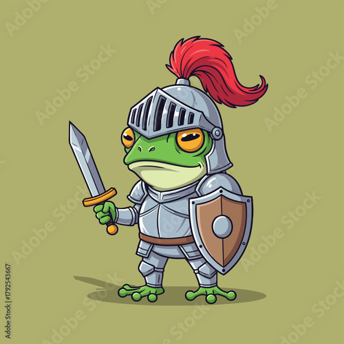 A cartoon frog knight in full armor holding a sword and shield, ready for battle.