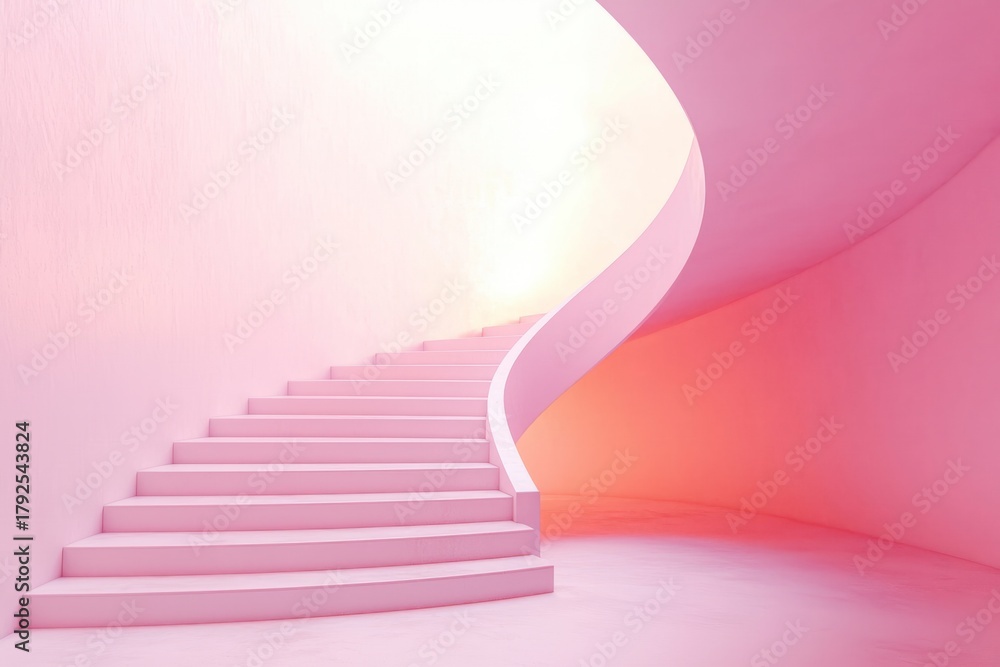 Obraz premium Pink staircase leading upwards towards a bright light in a minimalist setting