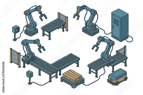 Modern industrial automation system with robotic arms, conveyor belts, and mobile transport units