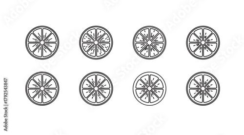 Eight stylized orange slices arranged in two rows silhouette