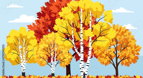 Autumnal trees with vibrant foliage create a colorful seasonal illustration
