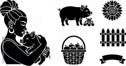 Woman holding piglet with pig sow sunflower basket fence and banner farm life vector illustration