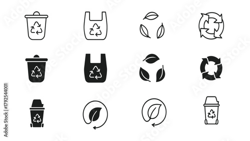 Eco Recycling Icons – Sustainable, Zero Waste, Green Environment Symbol Vector Set