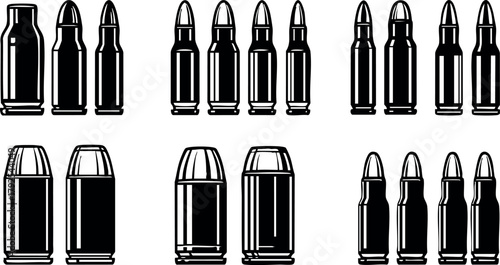 Bullet cartridge vector set with different calibers and designs for shooting and ammunition illustration