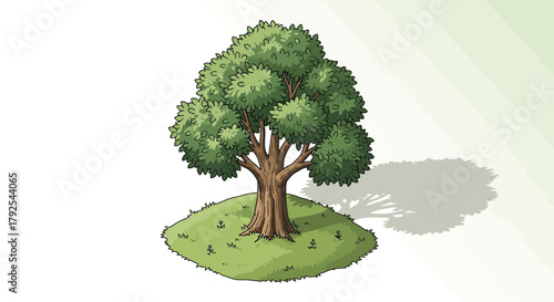Detailed Illustration of a Lush Green Tree on a Grassy Knoll with Shadow